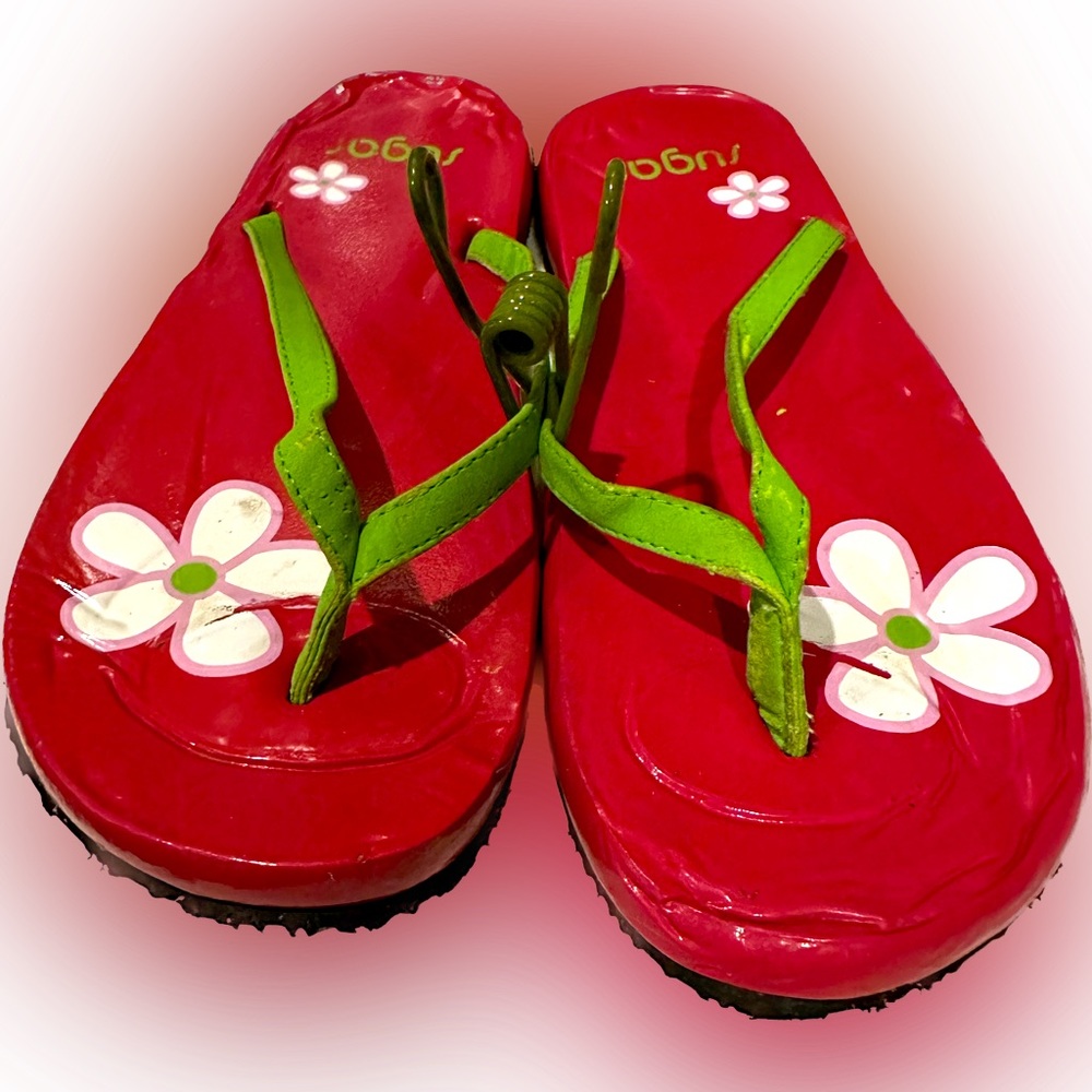 Vintage Sugar Floaties Flip-Flops; Pink Green w/daisy flowers Sz: 8 Beach Sandal